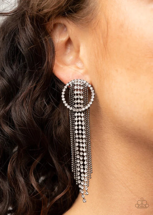 Dazzle by Default - Oversized Black Encrusted Ball-Chain Stream Fringe Hoop Earrings E#1441