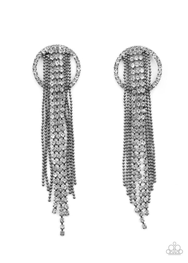Dazzle by Default - Oversized Black Encrusted Ball-Chain Stream Fringe Hoop Earrings E#1441