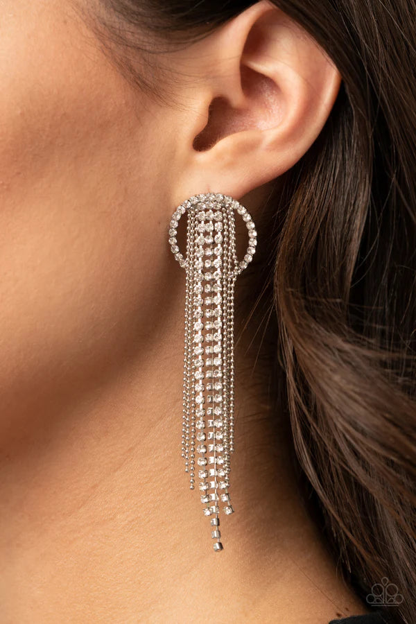 Dazzle by Default - Oversized White Encrusted Ball-Chain Stream Fringe Hoop Earrings E#765