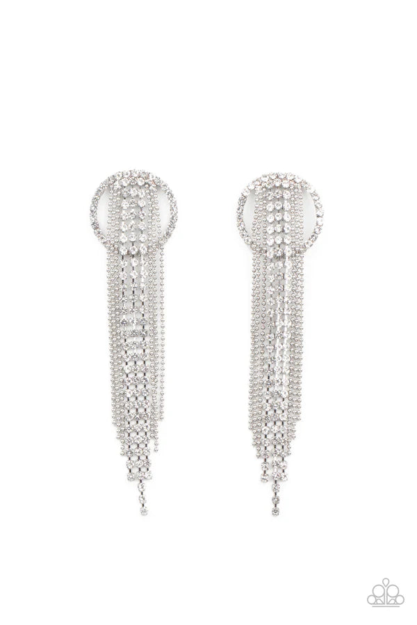Dazzle by Default - Oversized White Encrusted Ball-Chain Stream Fringe Hoop Earrings E#765