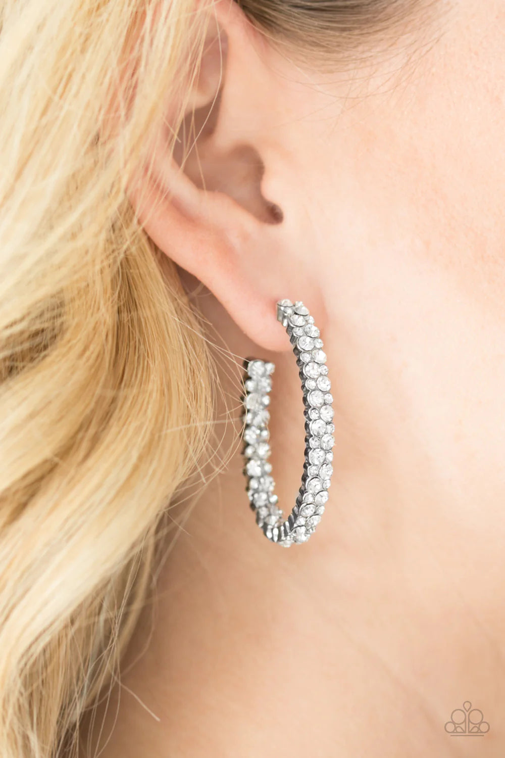Debonair Dazzle - Oversized White Encrusted Hoop Earrings E#1413