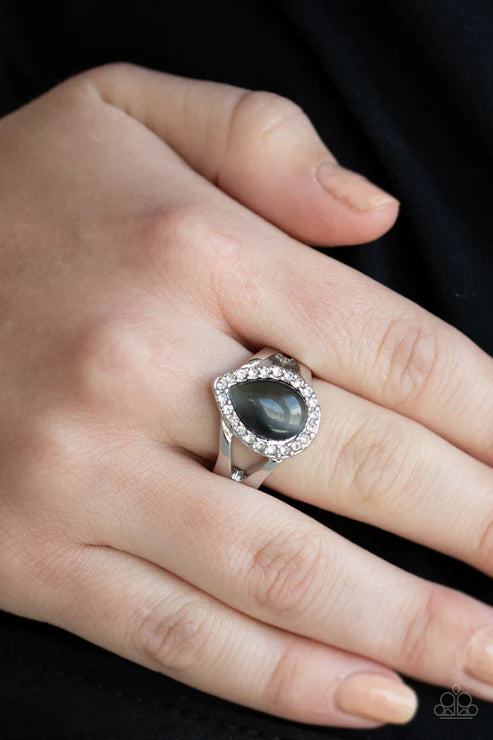 Debutante Dream - Smoky Silver Cat's Eye Moonstone Encrusted Teardrop Ring R#1860