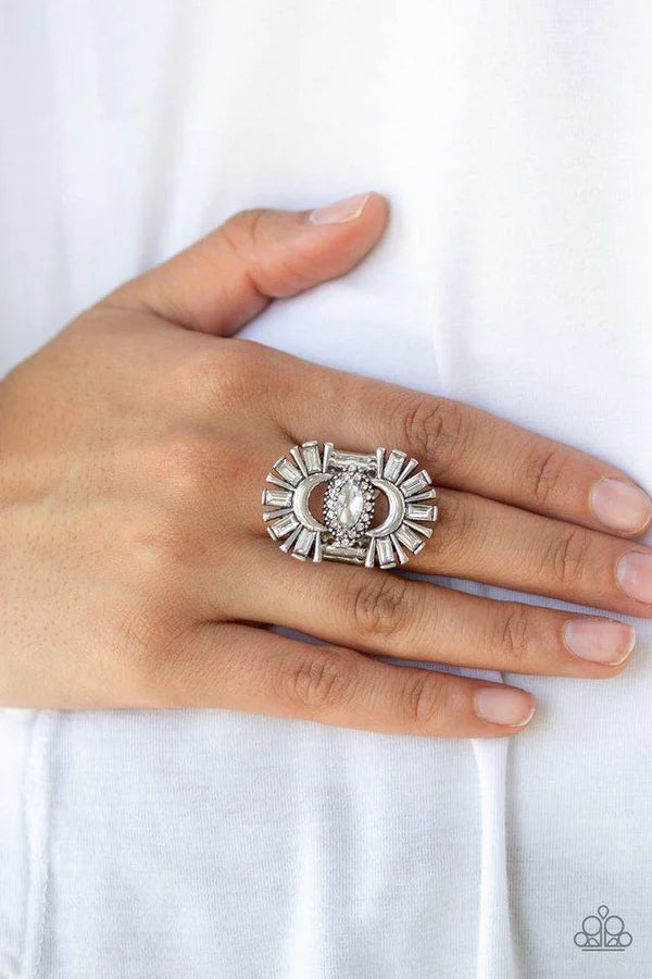 Deco Diva - Oversize White Collision Emerald Cut Encrusted Flare Ring R#1177