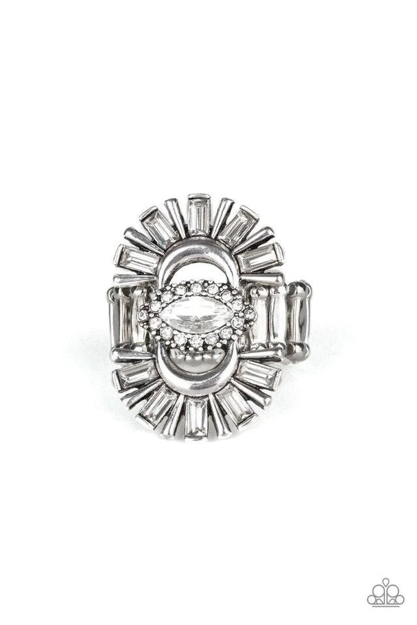 Deco Diva - Oversize White Collision Emerald Cut Encrusted Flare Ring R#1177