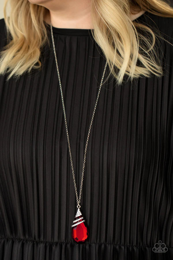 Demandingly Diva - Oversized Red Capped Encrusted Ribbon Teardrop Necklace #588
