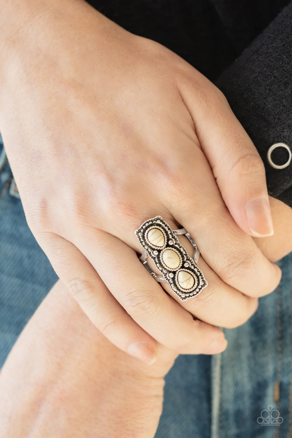 Desert Destiny - White Studded Oval/Teardrop Rectangular Stone Ring R#935