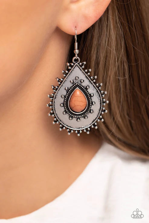 Desert Drama - Brown Dotted Studded Stone Teardrop Earrings E#1812
