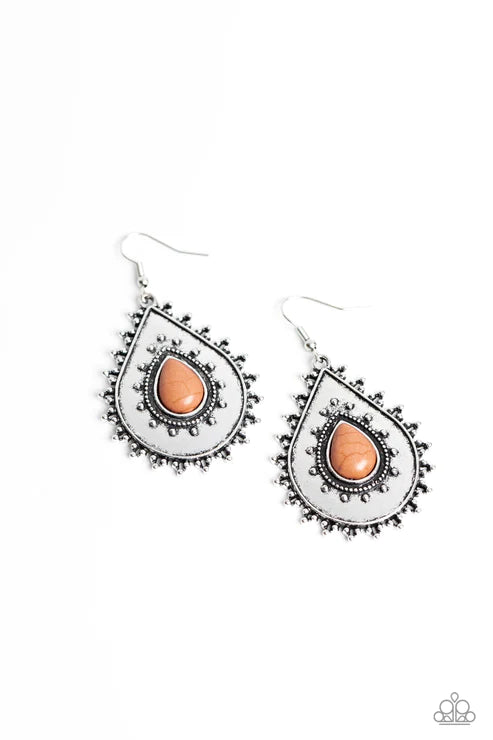 Desert Drama - Brown Dotted Studded Stone Teardrop Earrings E#1812
