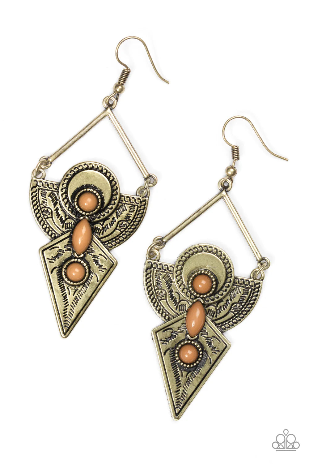 Desert Dynasty - Oversized Brown/Brass Stamped Tribal Patterns Duo Brass Plates Triangular Bar Lure Earrings E#1365