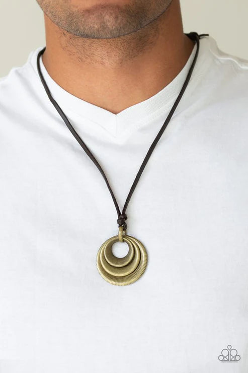 Desert Spiral - Oversized  Brass Rustic Beveled 3D Textured Spiral Rings Knotted Leather Cord Sliding Knot Closure Urban Necklace N#1978