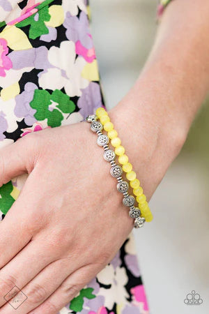 Dewy Dandelions - Yellow/Silver Dandelion Floral Cat's Eye Moonstone Bracelet Stack B#757