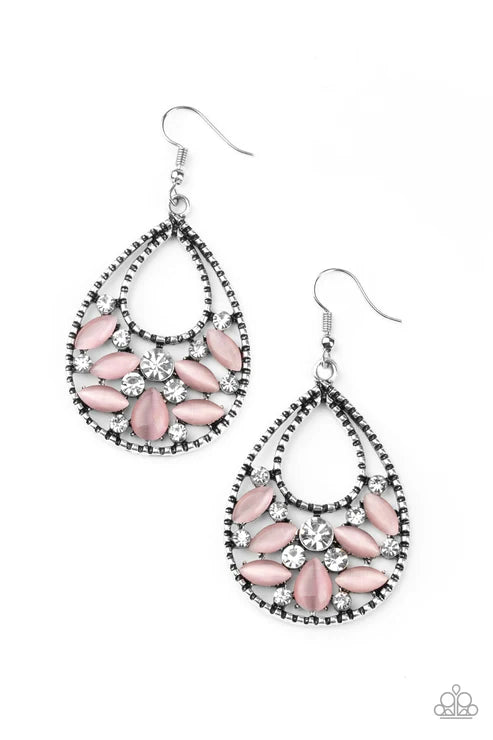 Dewy Dazzle - Oversized Pink Cat's Eye Moonstone Studded Encrusted Teardrop Earrings E#1956