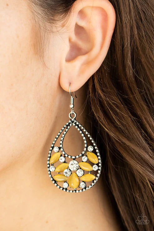 Dewy Dazzle - Oversized Yellow Cat's Eye Moonstone Studded Encrusted Teardrop Earrings E#2404