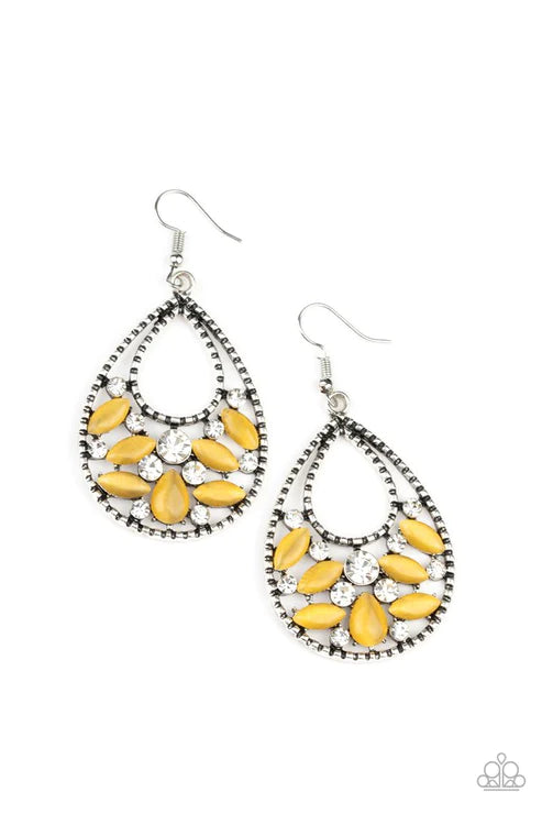 Dewy Dazzle - Oversized Yellow Cat's Eye Moonstone Studded Encrusted Teardrop Earrings E#2404