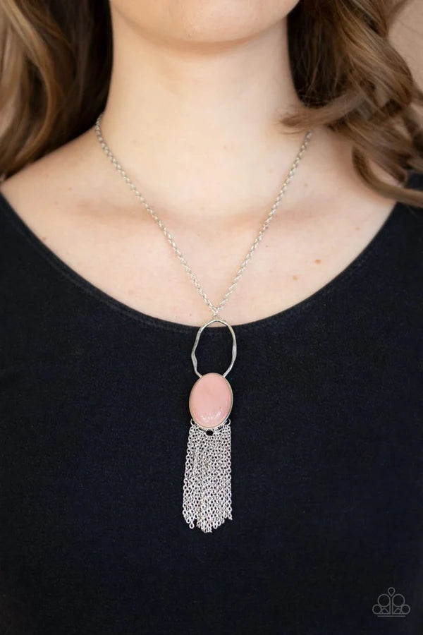 Dewy Desert - Dewy Pink Nestled Hammered Stone Hoop Tassel Necklace N#482