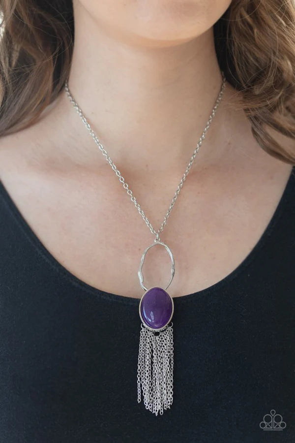 Dewy Desert - Dewy Purple Nestled Hammered Stone Hoop Tassel Necklace N#304