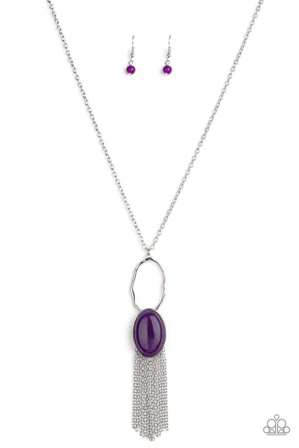 Dewy Desert - Dewy Purple Nestled Hammered Stone Hoop Tassel Necklace N#304