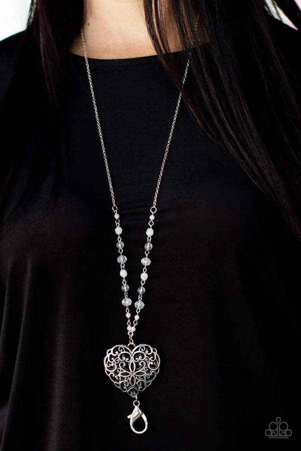 Doting Devotion - Oversized Opaque White 3D Heart Iridescent Crystal Filigree Lanyard Necklace N#064
