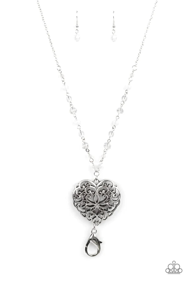 Doting Devotion - Oversized Opaque White 3D Heart Iridescent Crystal Filigree Lanyard Necklace N#064