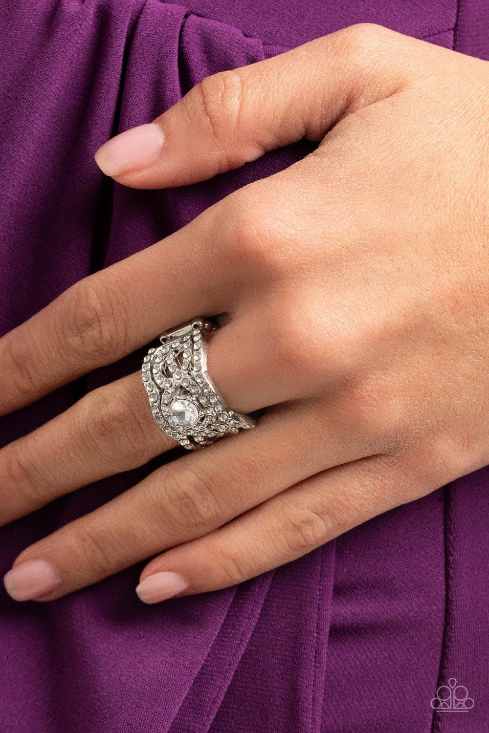 Doting on Dazzle - White Intertwine Encrusted Braided Ribbon Ring R#792