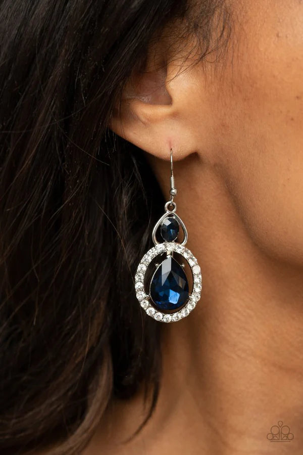 Double The Drama - Oversized Blue Airy Double Oval Nestled Encrusted Teardrop Earrings E#594