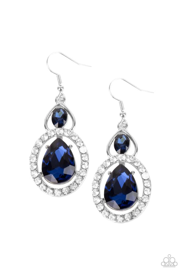 Double The Drama - Oversized Blue Airy Double Oval Nestled Encrusted Teardrop Earrings E#594