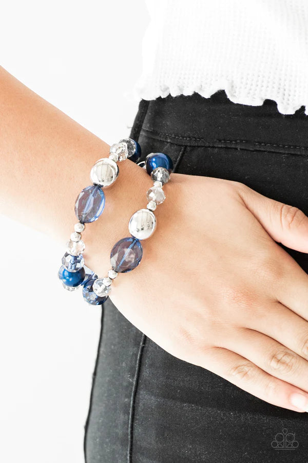 Downtown Dazzle - Oversized Blue Metallic Pearl Crystal Accent Bracelet Stack B#1022