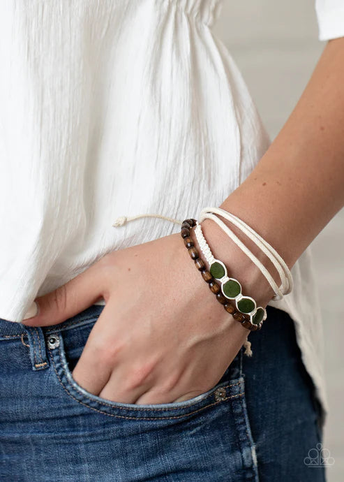 Dream Beach House - Green (Military Olive) Mismatched Knotted Twine Cord Wood Adjustable Sliding Knot Closure Urban Bracelet Stack B#2012