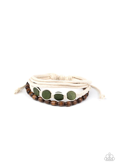 Dream Beach House - Green (Military Olive) Mismatched Knotted Twine Cord Wood Adjustable Sliding Knot Closure Urban Bracelet Stack B#2012