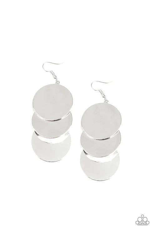 Dream Sheen - Oversized Silver High Sheen Shimmer Scratched Discs Cascade Coalescing Blinding Lure Earrings E#2676