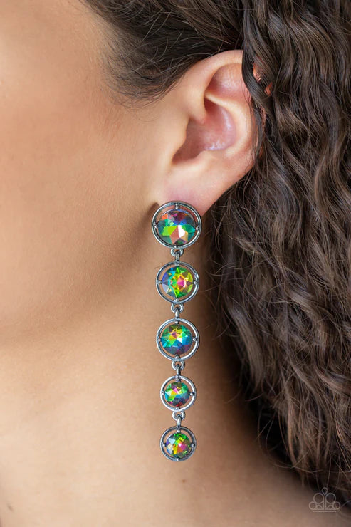 Drippin In Starlight - Oversized Multi/Gunmetal "Oil Spill" Faceted Rainbow Drip Earrings E#2458