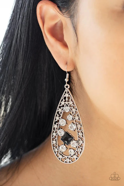 Drop-Dead Dazzle - Oversized Black Encrusted Square Cut/Teardrop Earrings E#2410