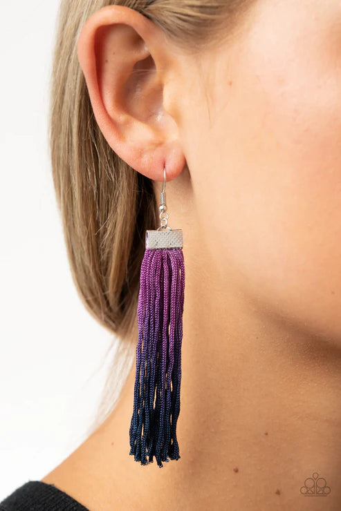 Dual Immersion - Purple (Magenta Purple/Blue Depths) Hammered Immersion Tassel Fringe Earrings E#2679