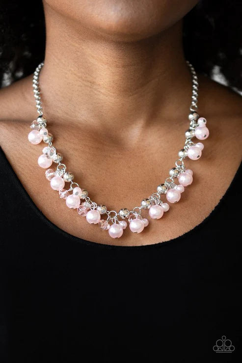 Duchess Royale - Pink/Silver Pearl Crystal Cluster Fringe Necklace N#2194