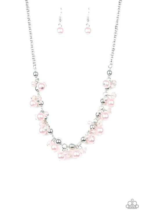 Duchess Royale - Pink/Silver Pearl Crystal Cluster Fringe Necklace N#2194