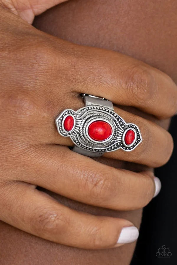 Dune Drifter - Oversized Red (Fiery) Abstract Trio Textured Studded Stone Ring R#105