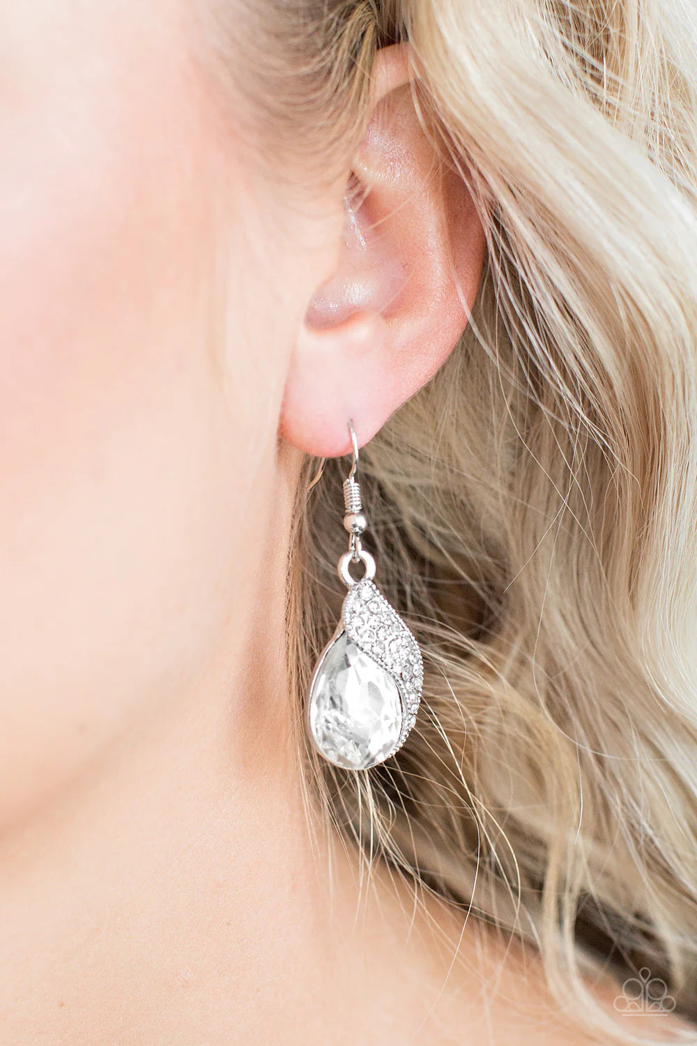 Easy Elegance - White Faceted Wrapped Encrusted Ribbon Teardrop Earrings E#1316