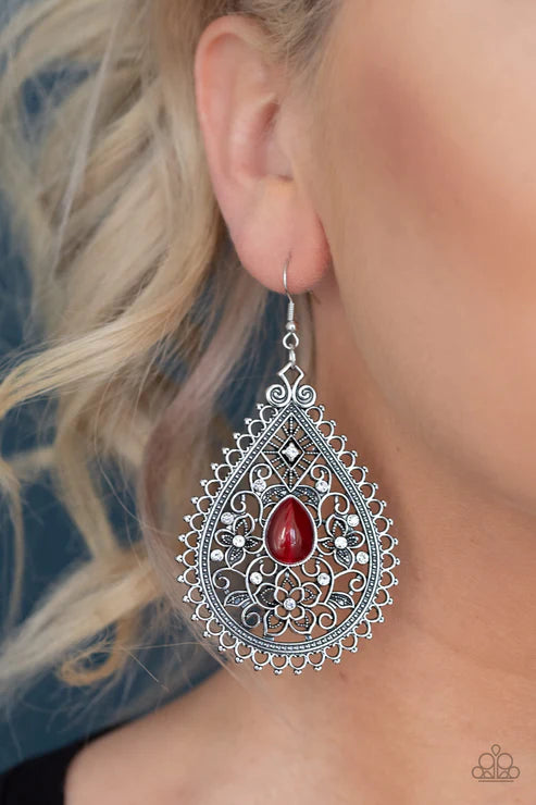Eden Glow - Oversized Red Swirl Floral Filigree Cat's Eye Moonstone Earrings E#2273