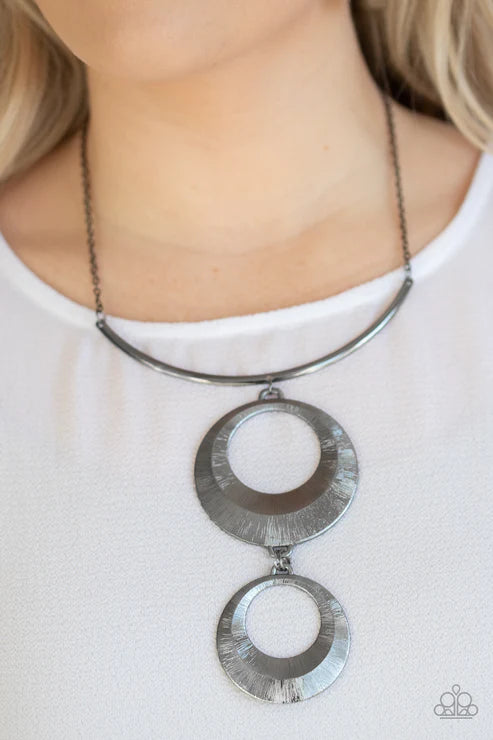 Egyptian Eclipse - Oversized Black Egyptian "Swing" Beveled Scratch Circular Necklace N#2476