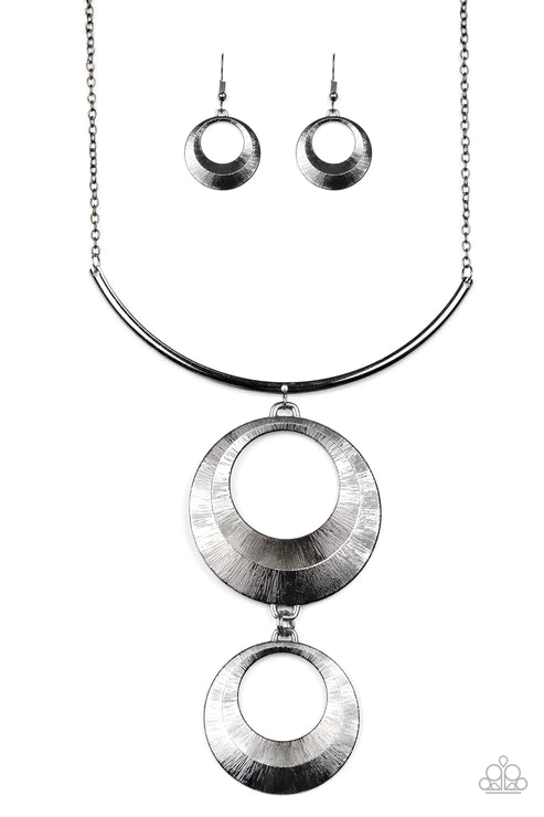 Egyptian Eclipse - Oversized Black Egyptian "Swing" Beveled Scratch Circular Necklace N#2476
