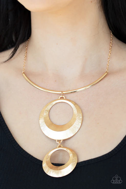Egyptian Eclipse - Oversized Gold Egyptian "Swing" Beveled Scratch Circular Necklace N#2477