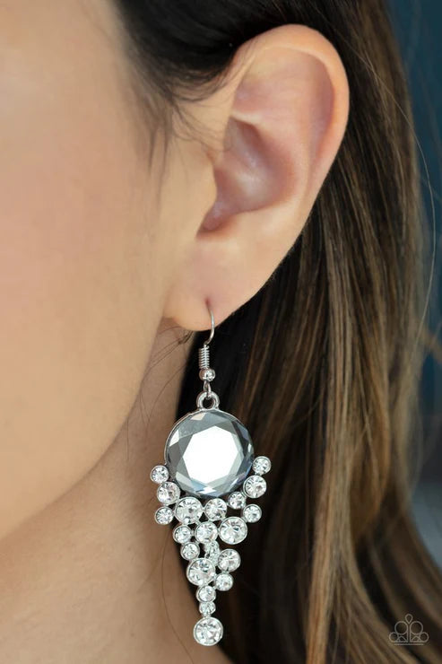 Elegantly Effervescent - Oversized Silver Tumble Coalescing Lure Encrusted Earrings E#2408