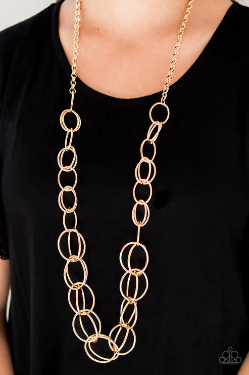 Elegantly Ensnared - Oversized Gold Interconnected Hoop Link Necklace N#2156