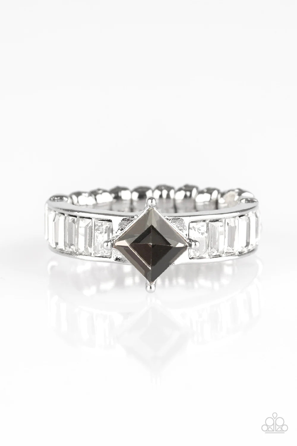 Elegantly Ever After - Silver Smoky Emerald Cut Encrusted Ring R#1512