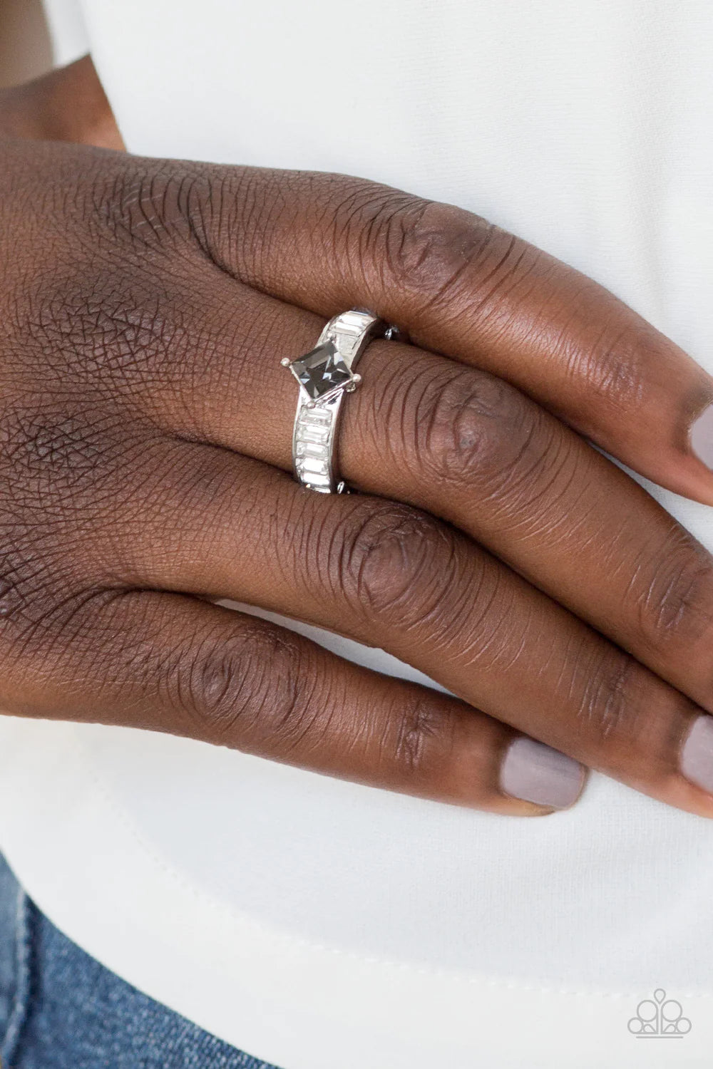 Elegantly Ever After - Silver Smoky Emerald Cut Encrusted Ring R#1512