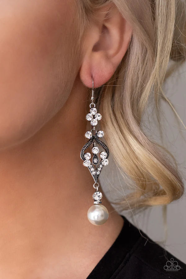 Elegantly Extravagant - Oversized White Pearl Dotted Encrusted Floral Earrings E#725