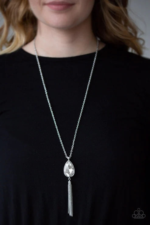 Elite Shine - Oversized White Dramatic Tassel Teardrop Necklace N#2576