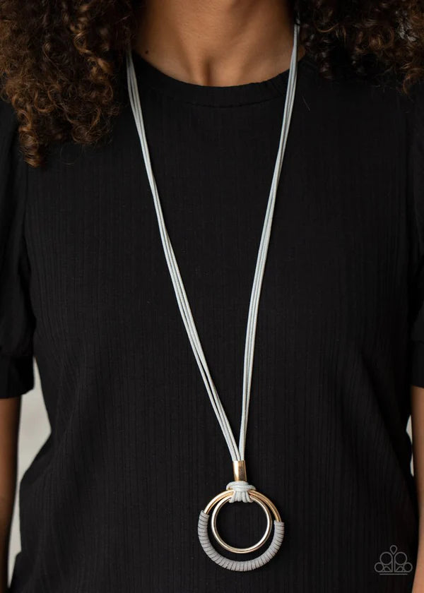 Elliptical Essence - Oversized Silver/Gray/Gold Knotted Cord Suede Hoop Necklace N#1341