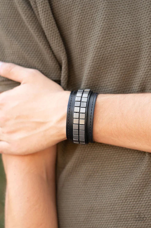 Engine Room - Oversized Black/Silver Studded Cube Leather Urban Bracelet B#2009