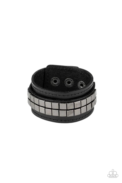 Engine Room - Oversized Black/Silver Studded Cube Leather Urban Bracelet B#2009